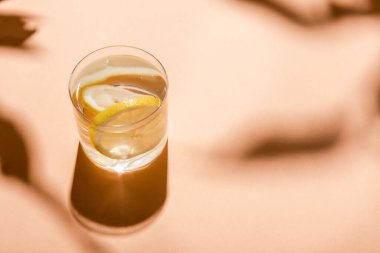 Bir bardak taze su ve limon dilimleri bej üzerine gölgeler. 