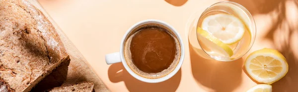 Top View Coffee Cup Glass Water Bread Breakfast Beige Table — Stock Photo, Image