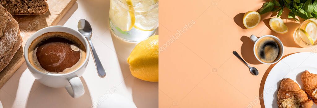 collage with coffee cup, water, lemons, bread and croissants for breakfast on beige table, website header