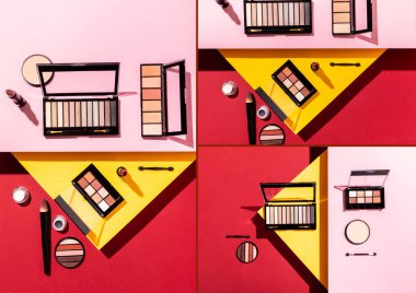 collage of eye shadow palettes near cosmetic brushes, lipsticks and face powder on crimson, pink and yellow clipart