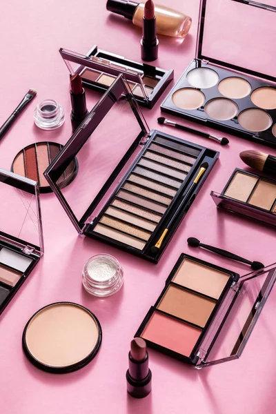 Blush Eye Shadow Palettes Cosmetic Brushes Face Foundation Lipsticks Pink — Stock Photo, Image