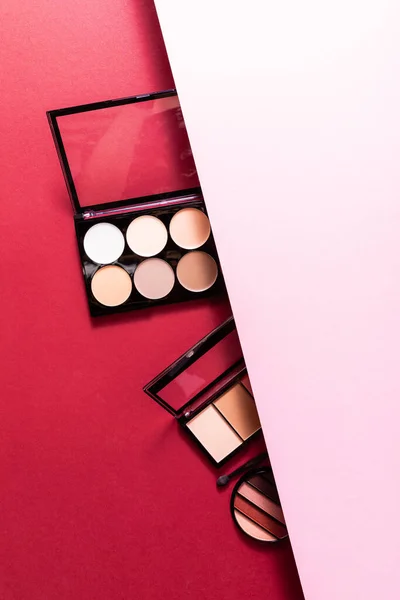 Top View Pastel Eye Shadow Blush Palettes Pink Crimson — Stock Photo, Image