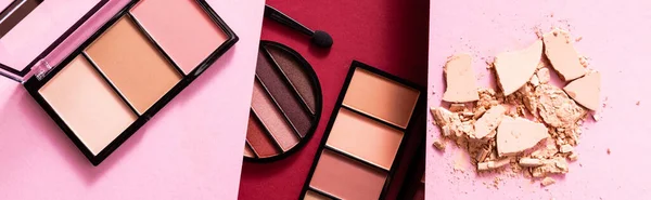 Collage Pastel Eye Shadow Blush Palettes Cracked Face Powder Pink — Stock Photo, Image