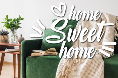 yeşil kanepe, yastık, kitap ve battaniye, ahşap sehpanın yanında bitkiler ve ev yapımı harfler. 