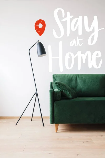 Green Sofa Pillow Modern Floor Lamp Stay Home Lettering — Stock Photo, Image