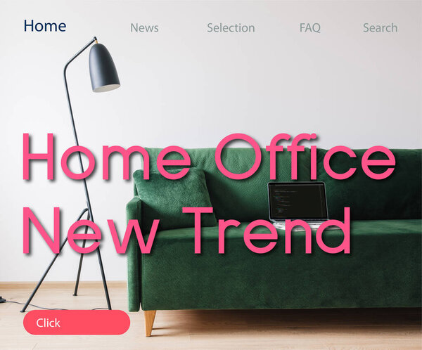 KYIV, UKRAINE - APRIL 14, 2020: green sofa and laptop with javascript on screen near floor lamp and home office new trend lettering 