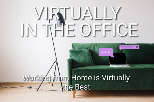 laptop with blank screen on green sofa near floor lamp and virtually in the office, working from home is virtually the best lettering