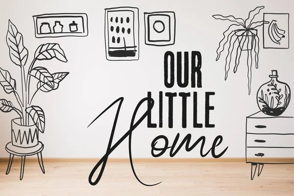 Our Little Home Lettering Drawn Dresser Plants Paintings Wall — Stock Photo, Image