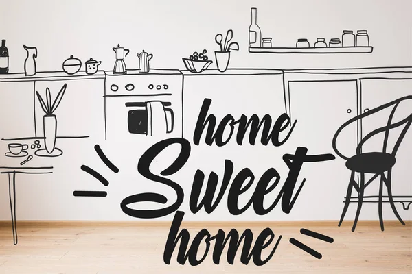 Home Sweet Home Lettering Drawn Sofa Armchair Plant Kitchen Illustration — Stock Photo, Image