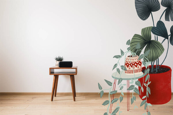 wooden coffee table and clock with blank screen and drawn plants illustration 