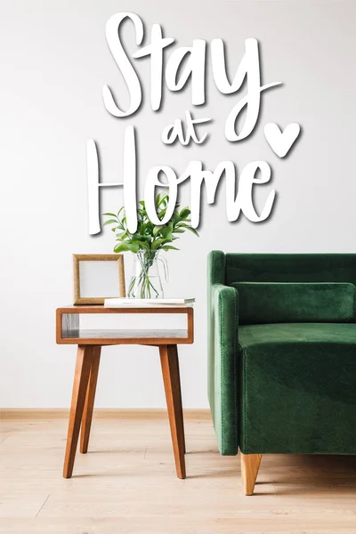 Green Sofa Coffee Table Plant Books Photo Frame Stay Home — Stock Photo, Image