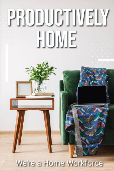 green sofa, blanket and laptop with blank screen near wooden coffee table with green plant, books, photo frame and productively home, were a home workforce lettering 