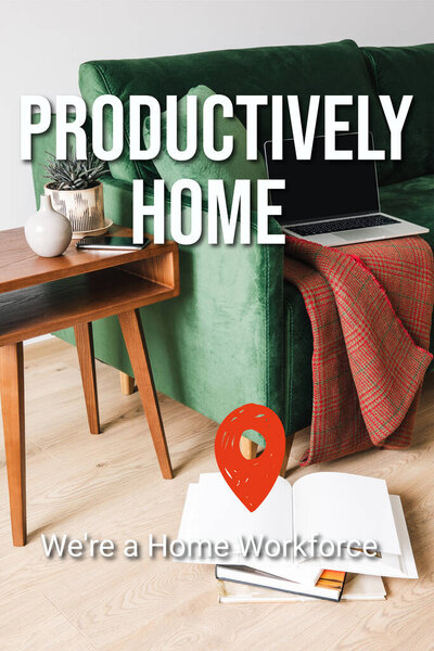 green sofa with blanket and laptop near wooden coffee table with plant and smartphone near productively home, were a home workforce lettering 