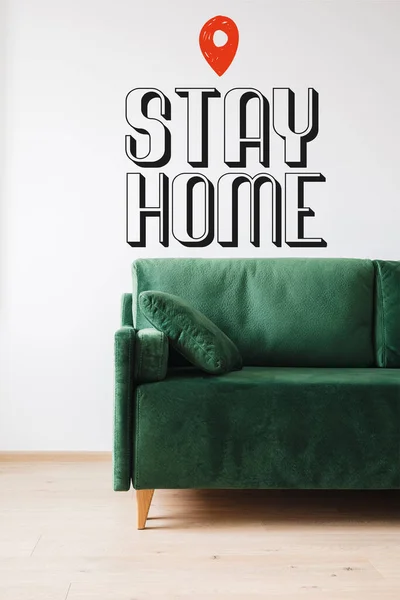 Green Sofa Pillow Stay Home Lettering — Stock Photo, Image