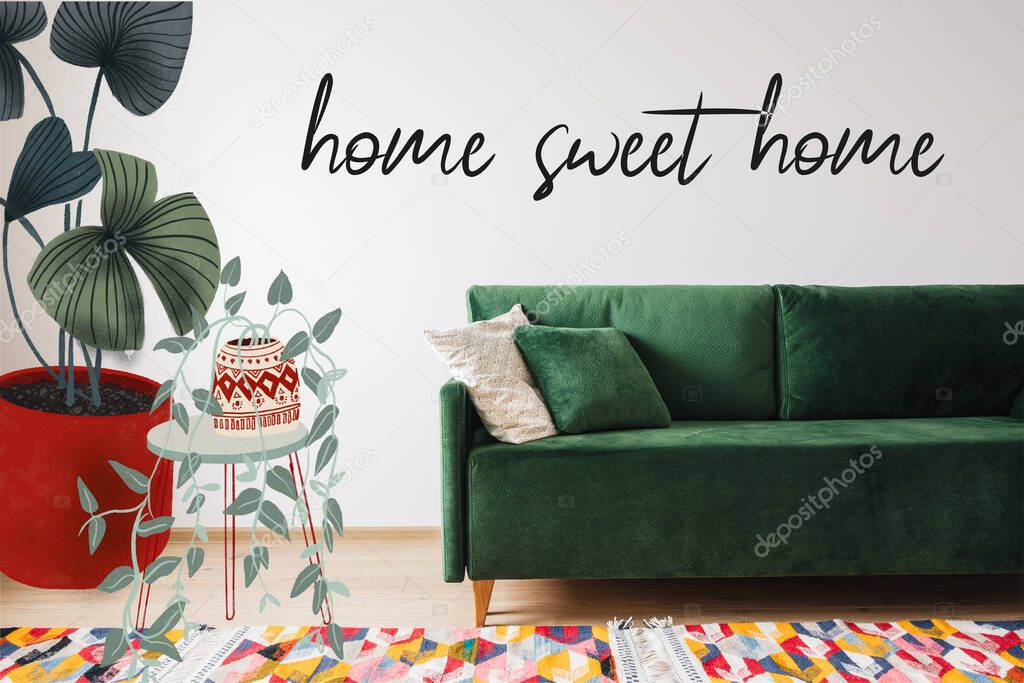 modern green sofa and pillows in living room with colorful rug near drawn table with plants and home sweet home lettering 