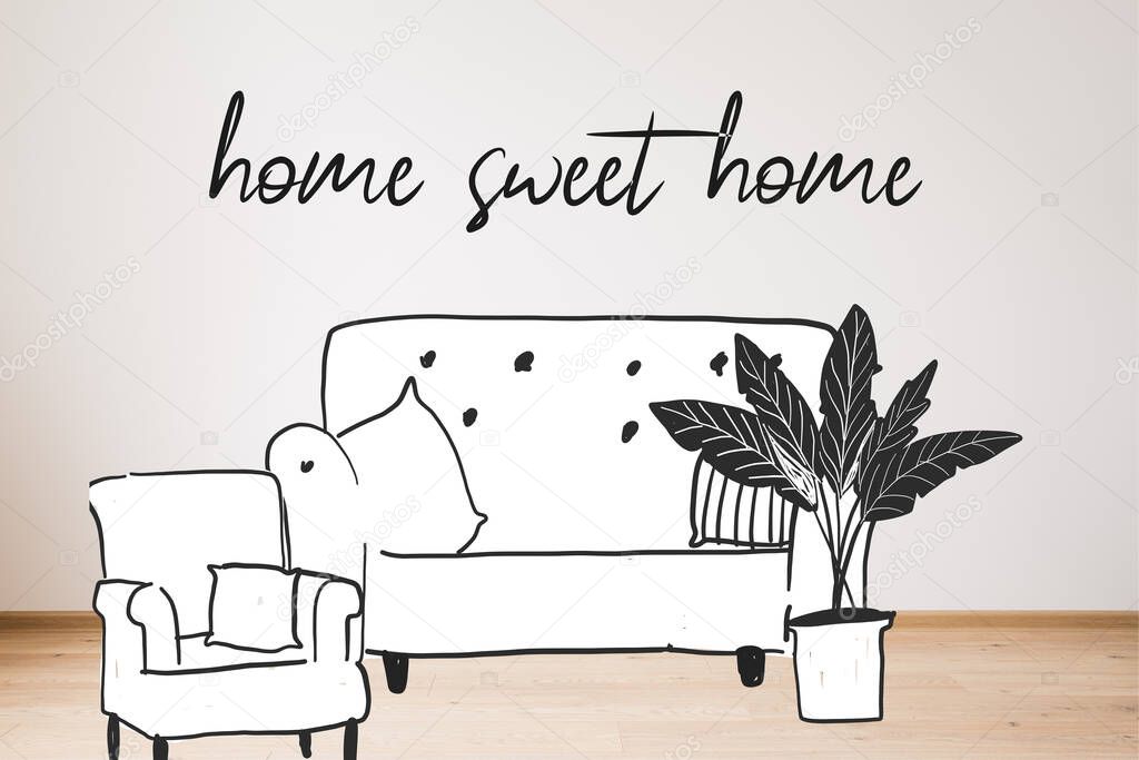 drawn sofa, armchair and plant near white wall and home sweet home lettering 