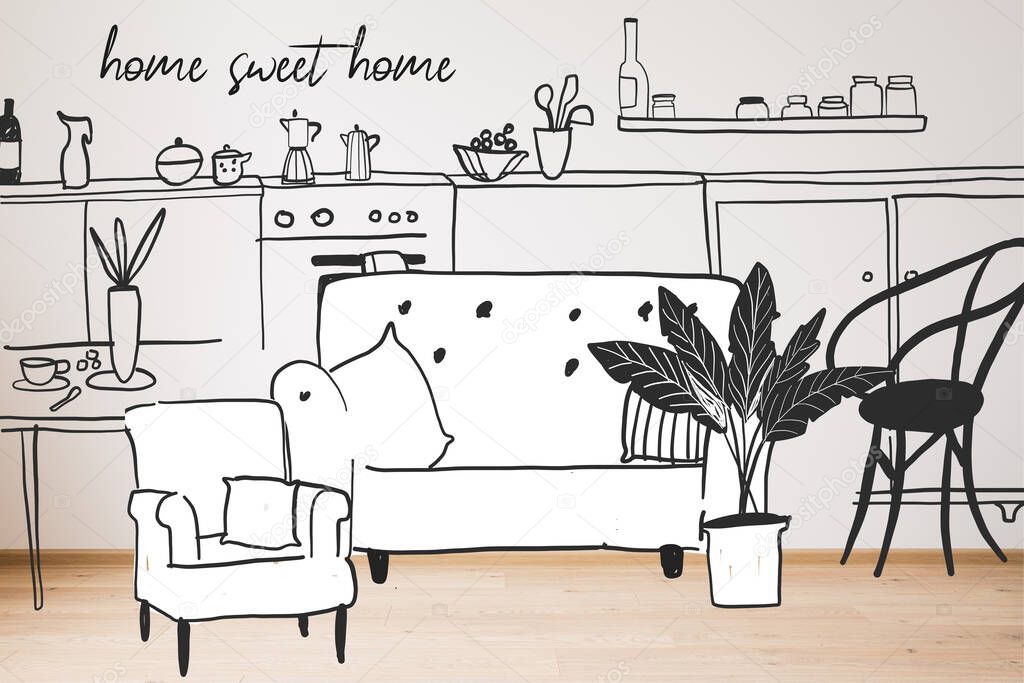 drawn sofa, armchair and plant near kitchen and home sweet home lettering 