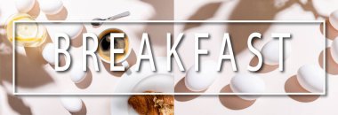 collage with boiled eggs, water with lemon, coffee cup and croissant on grey table with breakfast lettering, website header  clipart