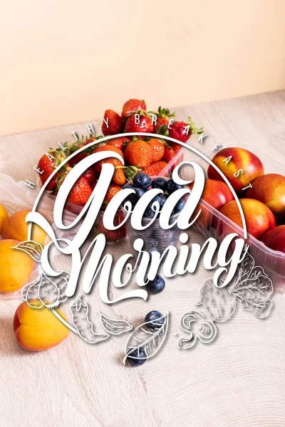 Blueberries Strawberries Nectarines Peaches Plastic Containers Good Morning Lettering Beige — Stock Photo, Image