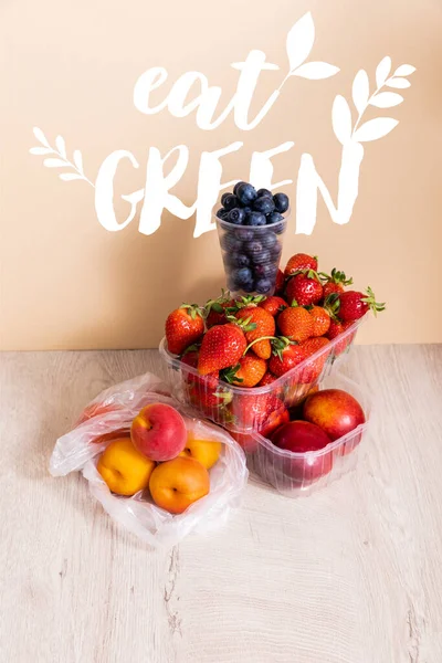 Fruit Composition Blueberries Strawberries Nectarines Peaches Plastic Containers Eat Green — Stock Photo, Image