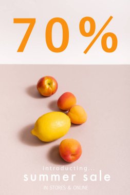 Yaz satışına yakın limonlu ve kayısılı meyve kompozisyonu mağazalarda ve bej ve beyaz harflerle çevrimiçi.