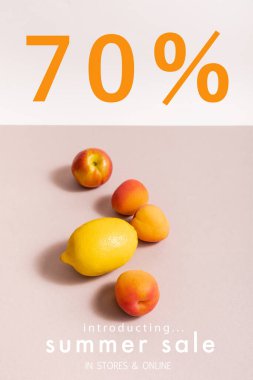 fruit composition with lemon and apricots near summer sale, in stores and online lettering on beige and white clipart