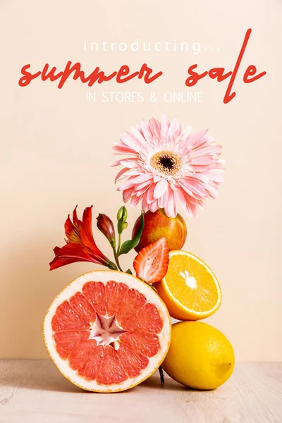 Floral Fruit Composition Citrus Strawberry Peach Summer Sale Lettering Beige — Stock Photo, Image