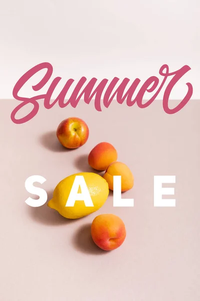 Fruit Composition Lemon Apricots Summer Sale Lettering Beige White — Stock Photo, Image