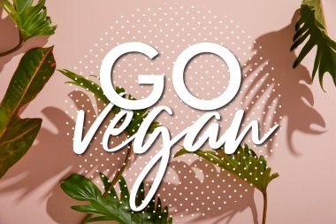 Pembe arka planda taze tropikal yeşil yapraklar vegan illüstrasyonuyla