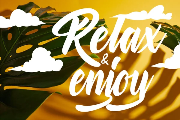 Top View Tropical Green Leaves Yellow Background Relax Enjoy Illustration — Stock Photo, Image