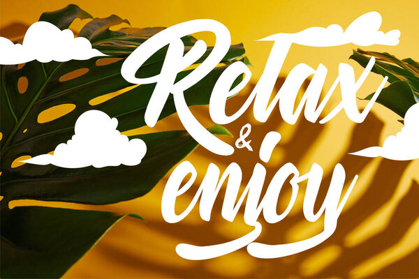 top view of tropical green leaves on yellow background with relax and enjoy illustration