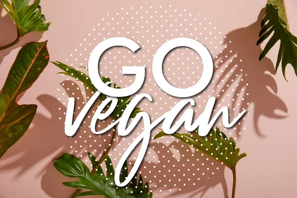 Hojas Verdes Tropicales Frescas Sobre Fondo Rosa Con Ilustración Vegana — Foto de Stock