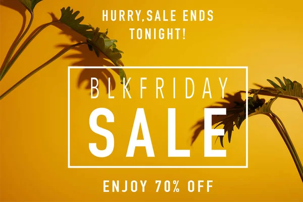 Tropical Green Leaves Yellow Background Black Friday Sale Illustration Stock Photo