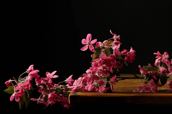 Nahaufnahme einer rosa Kirschblüte, die auf einer hölzernen Tischplatte liegt — Stockfoto