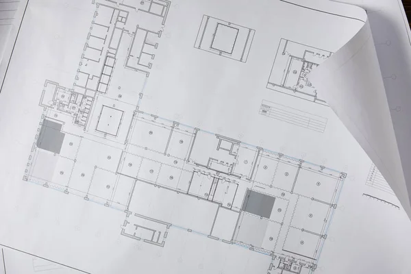 View from above of architectural blueprint on white paper — Stock Photo
