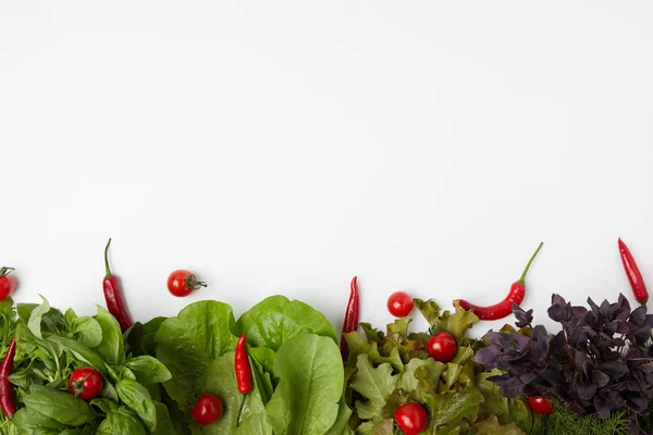 Vista superior de verduras frescas de varias hojas con tomates y pimientos en la superficie blanca - foto de stock