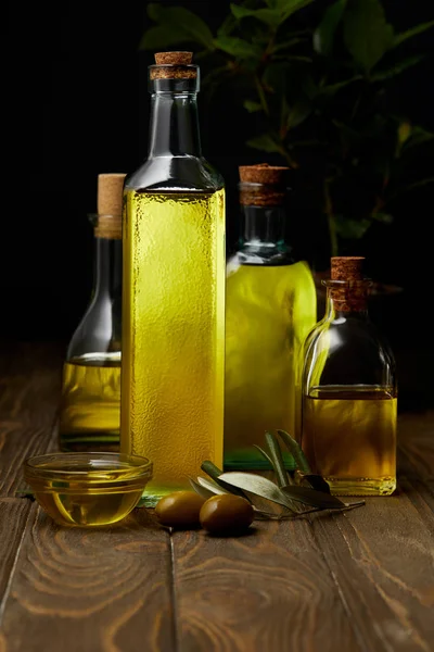 Flaschen verschiedenen Olivenöls auf Holzoberfläche — Stockfoto
