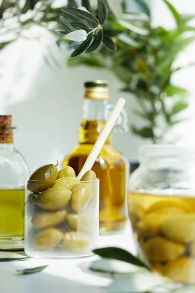 Glass with spoon and green olives, jar, various bottles of aromatic olive oil with and branches on white table — Stock Photo