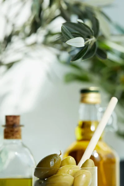 Primer plano vista de vidrio con cuchara y aceitunas verdes, varias botellas de aceite de oliva aromático con y ramas en bandeja de madera - foto de stock