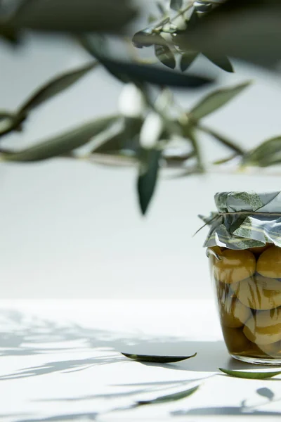 Pot d'huile aromatique aux olives vertes et branches sur table blanche — Photo de stock