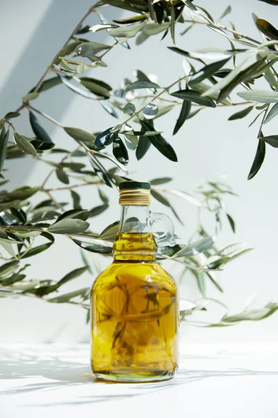 Botella de aceite de oliva aromático y ramas en la mesa blanca - foto de stock