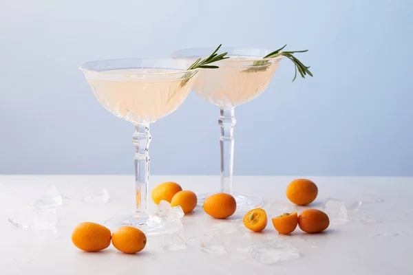 Dos vasos de cóctel de alcohol con romero rodeado de kumquats y cubitos de hielo sobre fondo azul - foto de stock