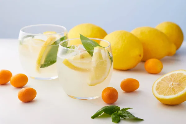 Два стакана лимонада с мятными листьями, кубиками льда и ломтиками лимона в окружении кумкватов и лимонов на синем фоне — стоковое фото