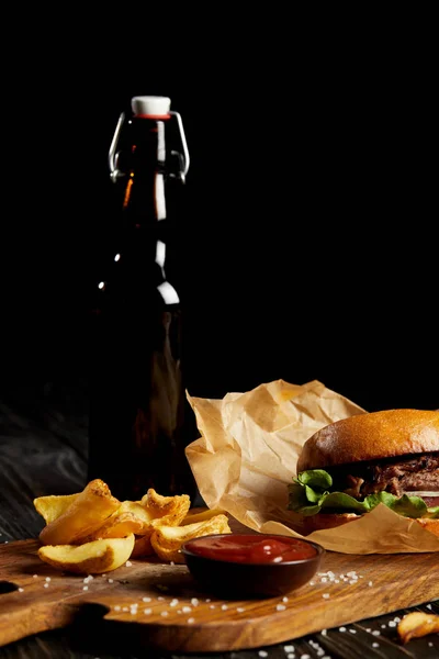 Set of junk food diner with hamburger and potato served with beer — Stock Photo