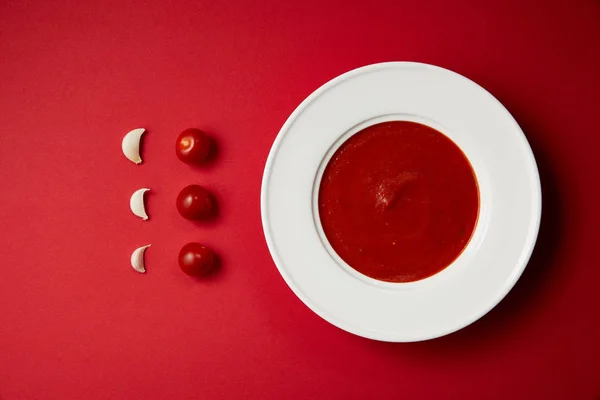 Style alimentaire de soupe de tomates savoureuse dans une assiette avec de l'ail frais et des tomates sur la table rouge — Photo de stock
