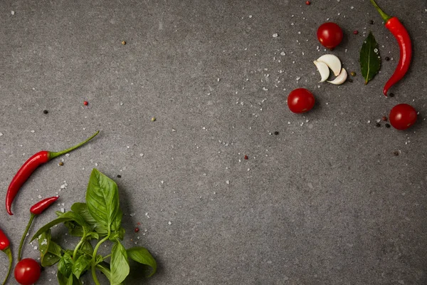 Вид зверху на перець чилі, помідори, часник і розкидані спеції на сірому столі — стокове фото