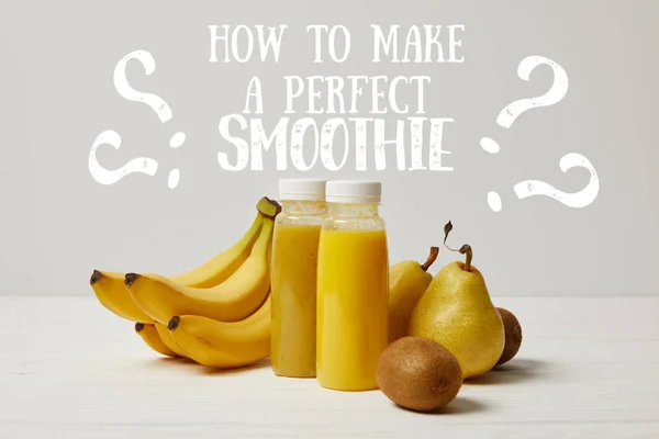 Smoothies desintoxicação amarela em garrafas com bananas, peras e kiwis no fundo branco, como fazer a inscrição smoothie perfeito — Fotografia de Stock