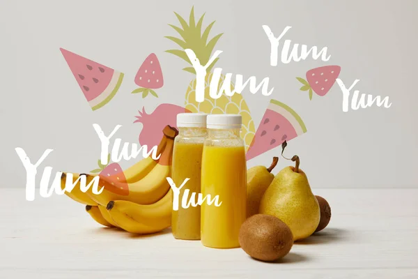 Yellow detox smoothies in bottles with bananas, pears and kiwis on white background, yum yum yum inscription — Stock Photo