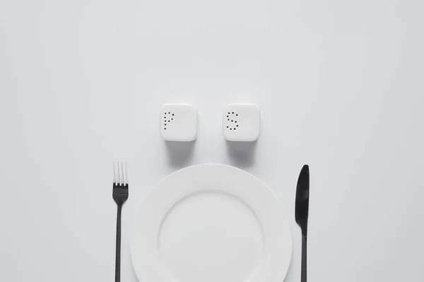 Top view of plate, fork, knife, saltcellar and pepper caster on white table, minimalistic concept — Stock Photo