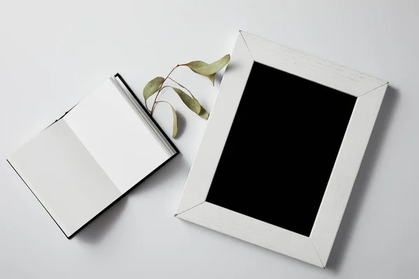 Top view of opened notebook with green leaves and blank frame on white surface for mockup — Stock Photo